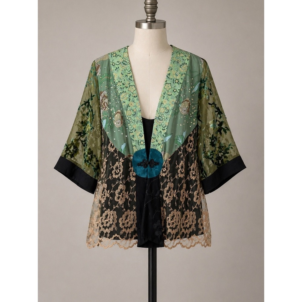 SPENCER ALEXIS Kimono Jacket Blouse L Artsy Patchwork Dark Romantic Fairy Grunge